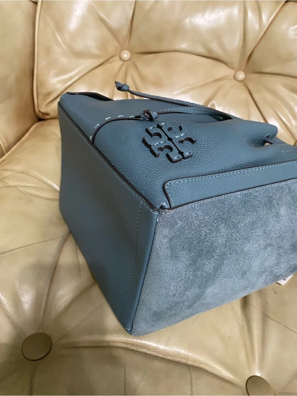 LKNW Tory Burch Dragonfly Leather Crossbody Bag Drawstring Suede McGraw Arctic